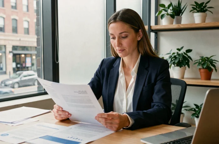 Femme entrepreneur consultant un document Kbis officiel dans un espace de coworking moderne