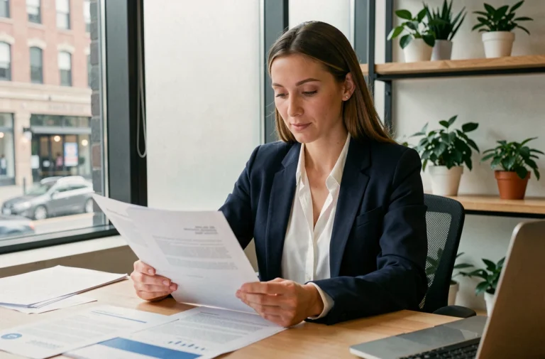 Femme entrepreneur consultant un document Kbis officiel dans un espace de coworking moderne