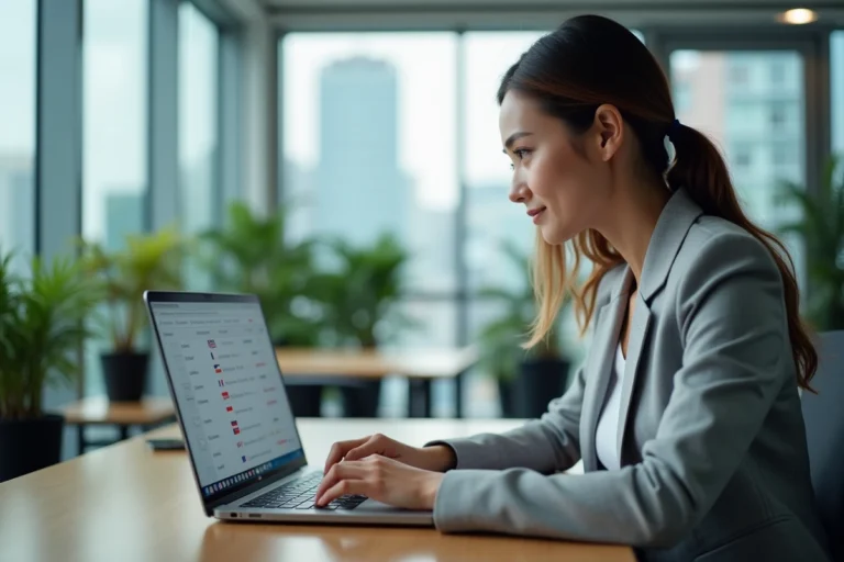 Femme professionnelle utilisant un logiciel de traduction instantanée sur un ordinateur portable dans un bureau moderne