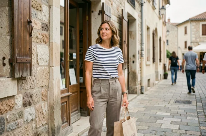 Femme portant une marinière Armor Lux dans une rue côtière française, illustrant le partenariat avec Intermarché pour 2026