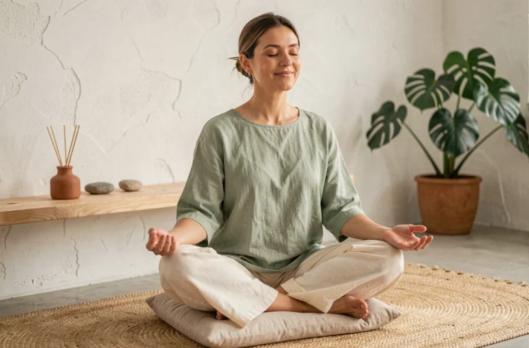 Femme pratiquant la méditation assise sur un coussin en lin naturel dans un studio de bien-être minimaliste, exprimant sérénité et équilibre intérieur