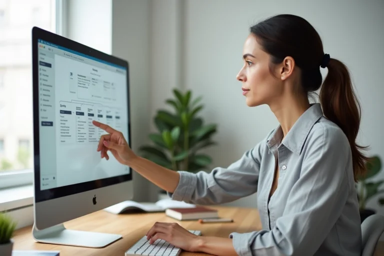 Femme naviguant sur la carte du site d'un magazine photo sur un ordinateur de bureau dans un bureau minimaliste