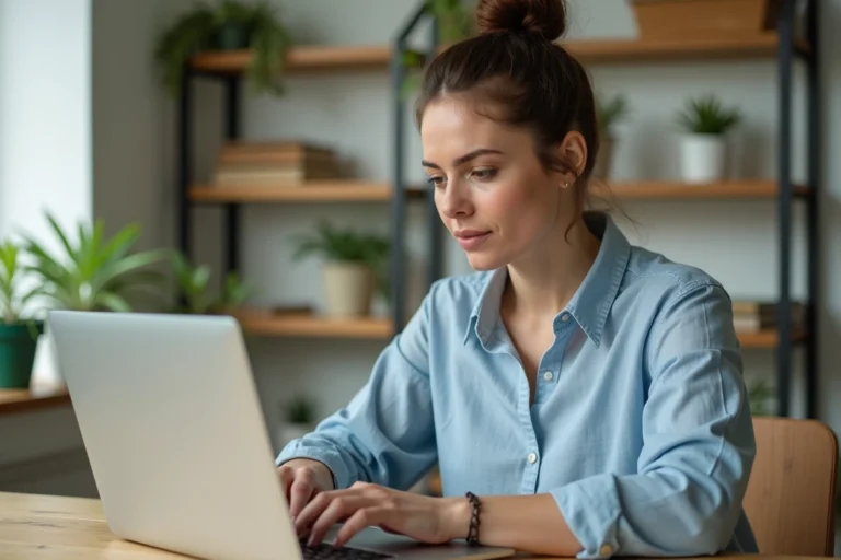 Femme naviguant sur le plan du site d'un jardinerie en ligne depuis son bureau à domicile
