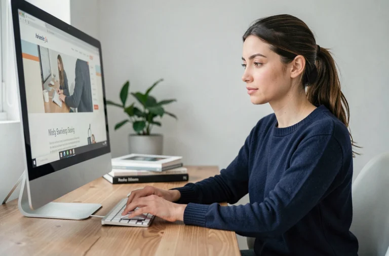 Femme naviguant sur un site web bien structuré depuis son bureau à domicile, illustration de la navigation efficace en ligne
