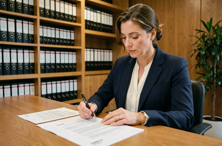 Femme notaire examinant un contrat immobilier dans un bureau juridique moderne
