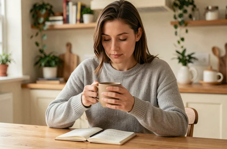 Femme prenant des notes dans un carnet sur sa démarche FIV, assise dans une cuisine chaleureuse