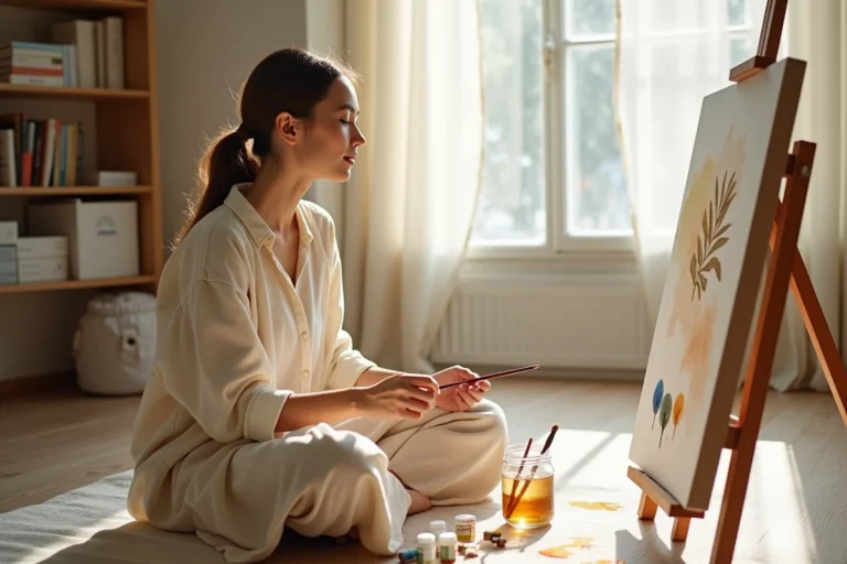 Femme adulte peignant sur toile dans un appartement chaleureux, entourée de pinceaux et de peintures colorées, loisir créatif à domicile