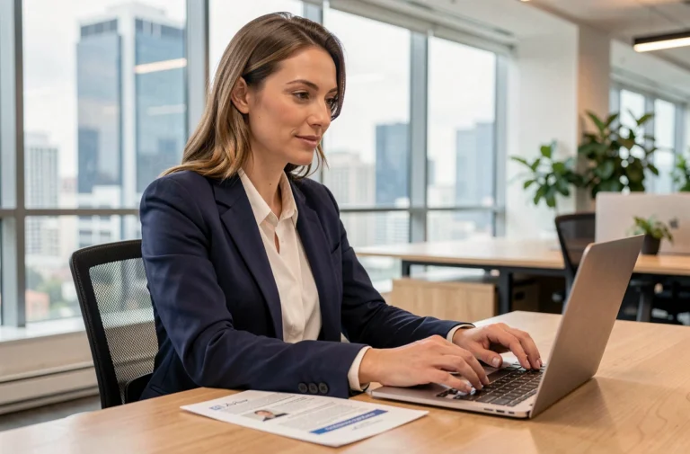 Femme professionnelle consultant des offres d'emploi sur un ordinateur portable dans un bureau moderne