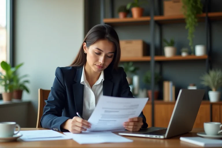 Femme professionnelle en blazer marine révisant son CV sur un bureau moderne lors de sa recherche d'emploi en 2024
