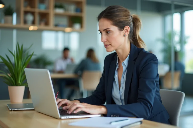 Femme professionnelle rédigeant un email formel sur son ordinateur portable dans un bureau moderne, cherchant une formule de conclusion originale