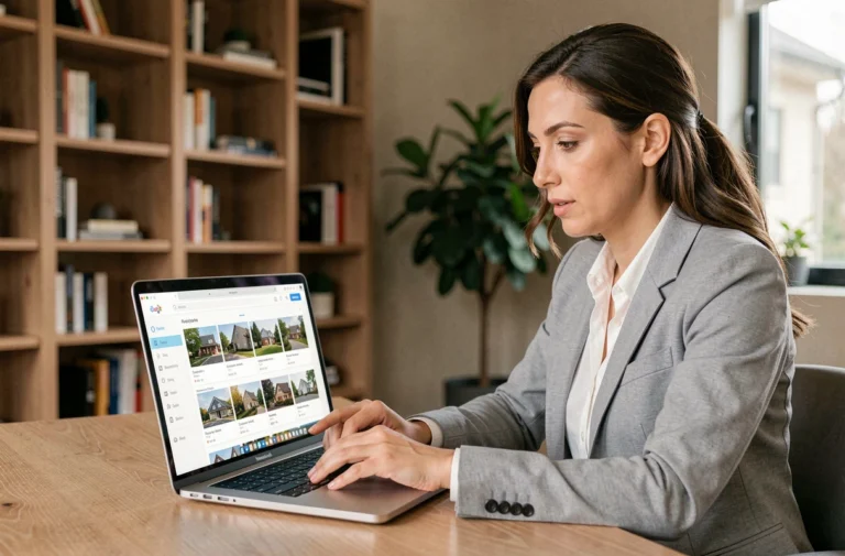 Femme consultant un portail immobilier en ligne sur son ordinateur portable dans un bureau moderne