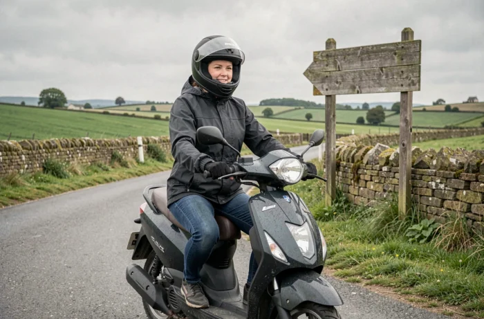 Femme conduisant un scooter 125 cm3 sur une route de campagne française avec son permis B