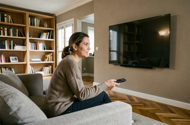 Femme regardant les nouvelles émissions de télévision française dans un salon moderne