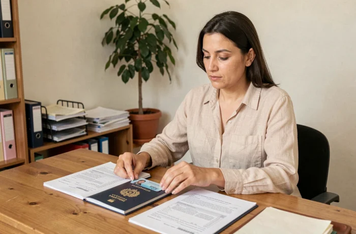 Femme tunisienne organisant des documents officiels pour le renouvellement de son passeport à son bureau à domicile