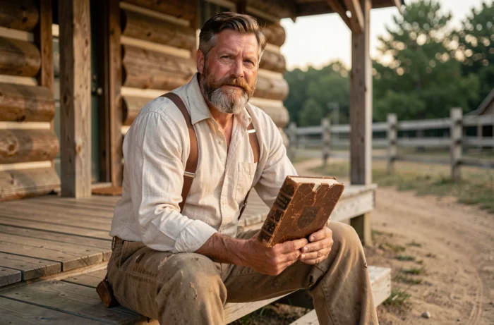 Homme en tenue de fermier du XIXe siècle assis sur le porche d'une cabane en rondins tenant une Bible, portrait évocateur de l'univers de La Petite Maison dans la Prairie