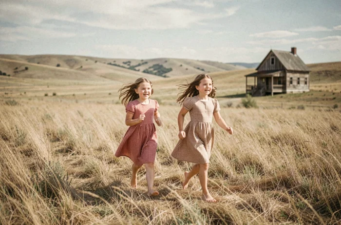 Deux jeunes filles en robes de pionnières courant pieds nus dans une prairie sauvage, scène inspirée de l'univers nostalgique de La Petite Maison dans la Prairie