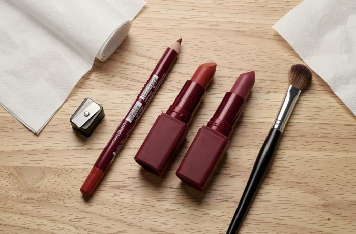 Mise en scène flat lay d'un crayon à lèvres rouge bordeaux et d'un rouge à lèvres assorti sur bois clair
