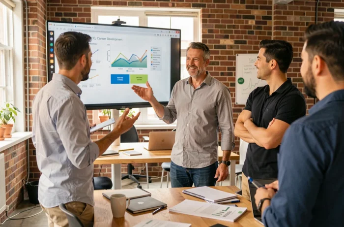 Formateur professionnel animant un atelier de développement de carrière dans un espace de coworking