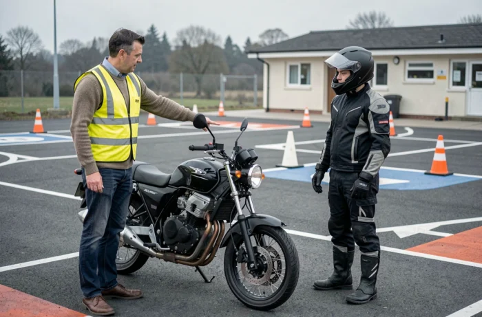 Moniteur d'auto-école expliquant les règles de conduite d'une moto 125 cm3 à un élève lors d'une formation permis B