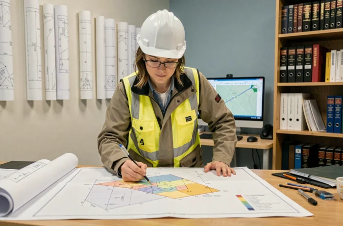 Géomètre experte analysant un plan cadastral de division parcellaire dans un bureau professionnel