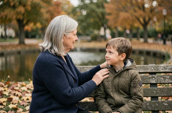 Grand-mère et petit-fils assis sur un banc de parc en automne, partageant un moment de complicité intergénérationnelle et de soutien familial