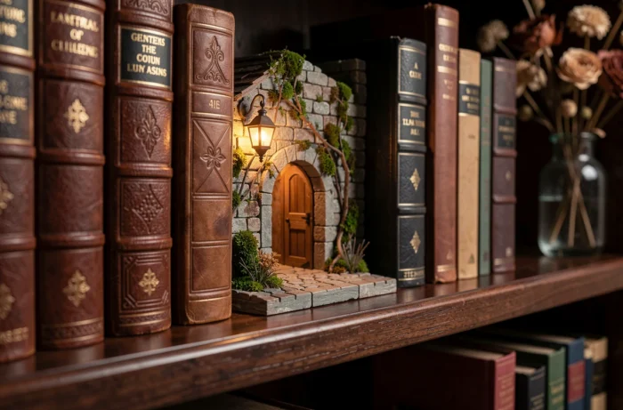 Gros plan d'un book nook artisanal représentant une ruelle miniature avec une lanterne incandescente entre des livres reliés en cuir