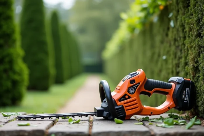 Gros plan d'un taille-haie sans fil posé sur un muret de pierre dans un jardin avec des découpes de haie fraîches