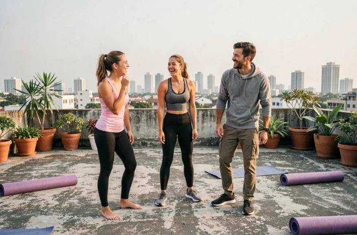 Groupe d'amis essayant un cours de yoga débutant ensemble sur une terrasse urbaine