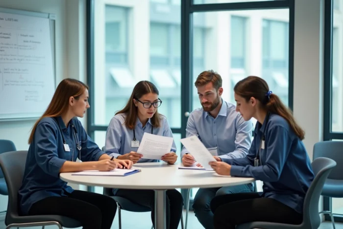 Groupe d'étudiants en médecine comparant leurs résultats d'examens dans une salle universitaire