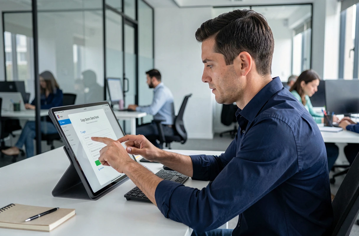 Homme consultant un guide de connexion Quintonic sur tablette dans un environnement de bureau moderne