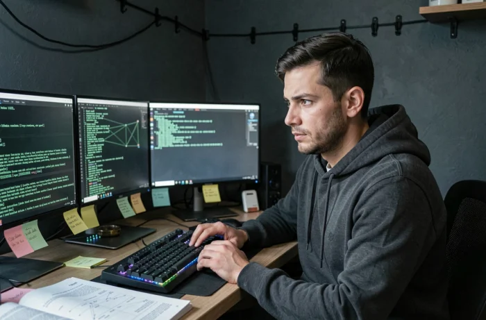 Hacker éthique concentré devant plusieurs écrans de code dans un bureau sombre
