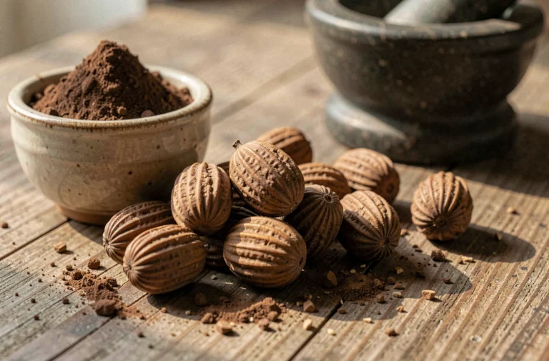 Fruits séchés d'haritaki et poudre marron dans un bol en céramique sur une surface en bois, évoquant les risques et effets secondaires de cette plante médicinale ayurvédique