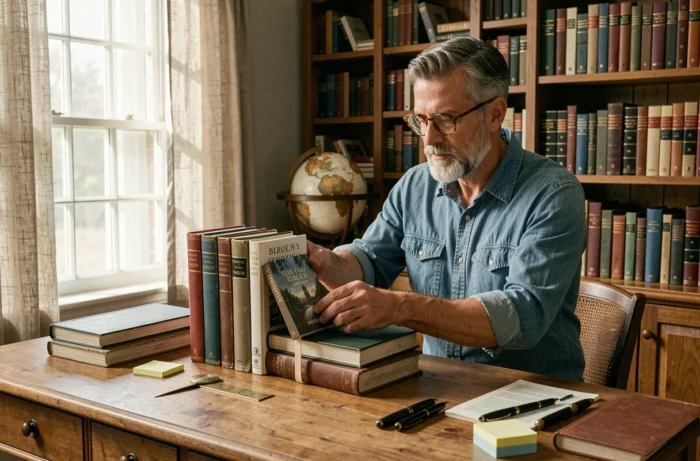 Homme plaçant un book nook entre des livres sur un bureau en bois dans un bureau à domicile élégant
