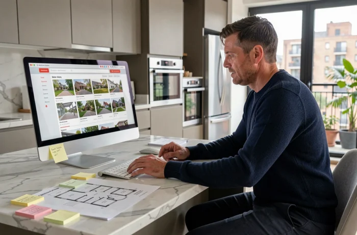 Homme comparant des biens immobiliers sur un site spécialisé avec des plans imprimés sur un comptoir de cuisine