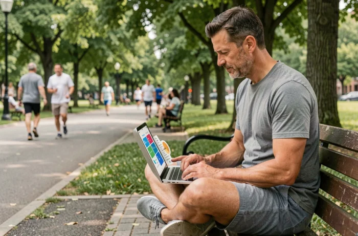 Homme comparant des applications sportives sur son ordinateur portable dans un parc urbain