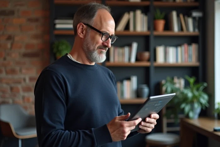 Homme consultant la carte du site d'un magazine photographique sur une tablette dans un espace de coworking