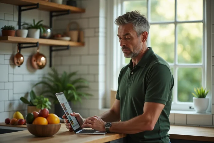 Homme consultant le plan de navigation d'un site de jardinage sur une tablette dans sa cuisine