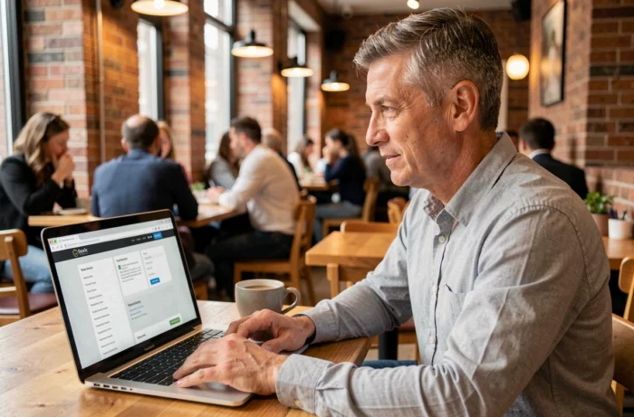 Homme consultant la structure d'un site web sur son ordinateur portable dans un café, symbolisant une navigation intuitive et organisée