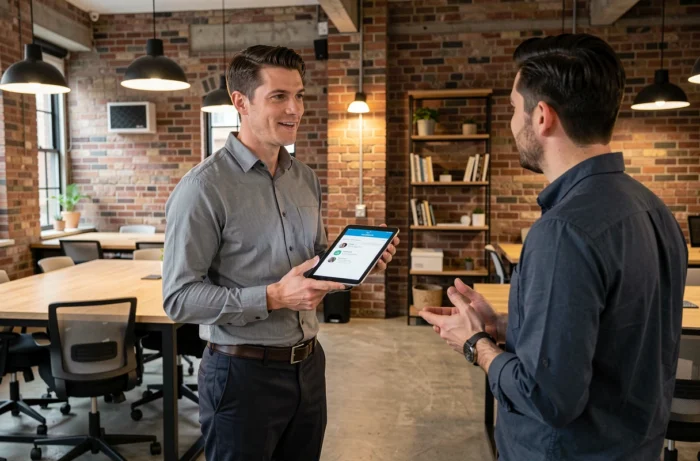 Jeune homme consultant une application d'offres d'emploi sur tablette dans un espace de coworking
