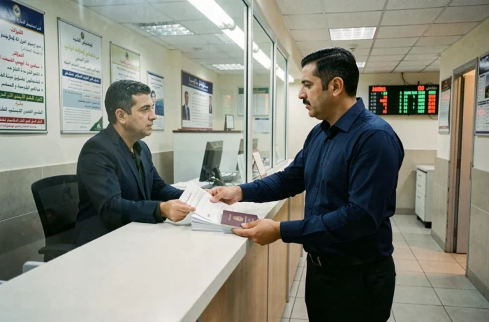 Homme tunisien déposant ses documents pour le renouvellement de son passeport dans un bureau administratif