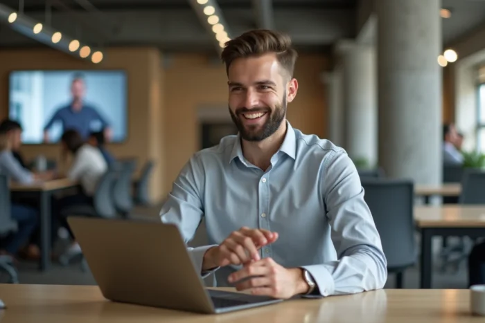 Jeune homme en entretien d'embauche vidéo sur ordinateur portable dans un espace de co-working moderne