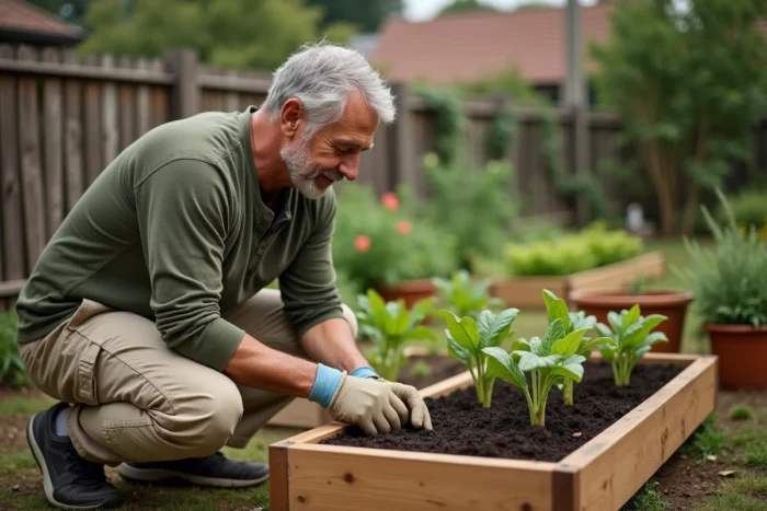 Homme d'âge mûr jardinant dans un potager surélevé en bois, plantant des semis dans la terre, activité de jardinage en plein air
