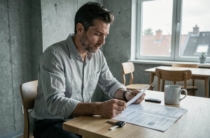Homme lisant attentivement un contrat de location dans un appartement moderne