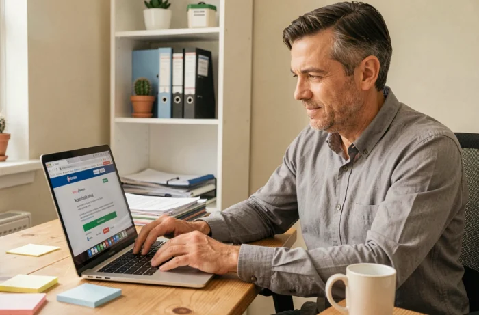 Homme consultant le site MonIdenum sur son ordinateur portable dans un bureau à domicile