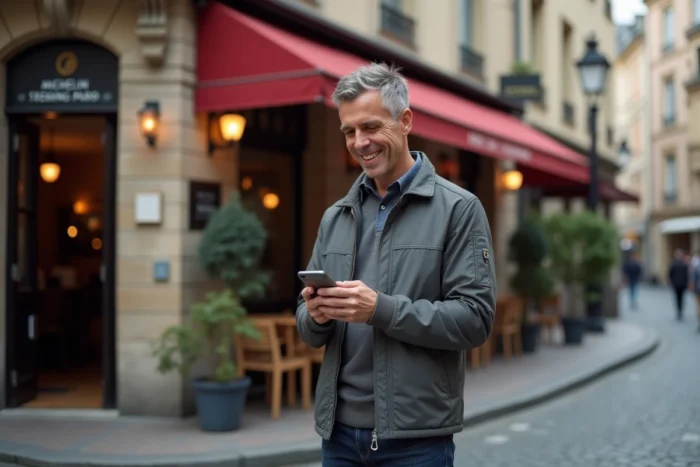 Homme partageant la localisation d'un restaurant Michelin depuis son téléphone devant une façade de bistro français