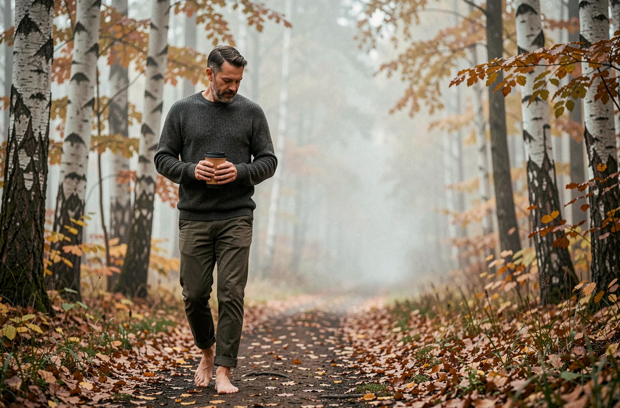 Homme marchant seul sur un chemin forestier en automne, tenant une tasse de thé, dans une atmosphère de ressourcement et de reconnexion à la nature