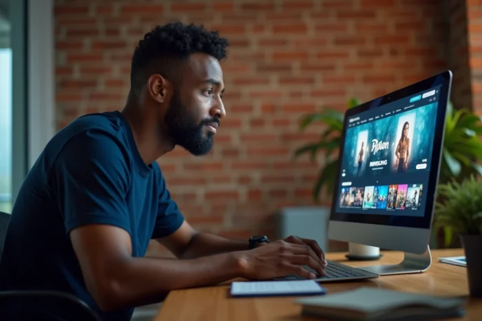 Homme utilisant un ordinateur portable pour accéder à une plateforme de streaming gratuit depuis son bureau à domicile