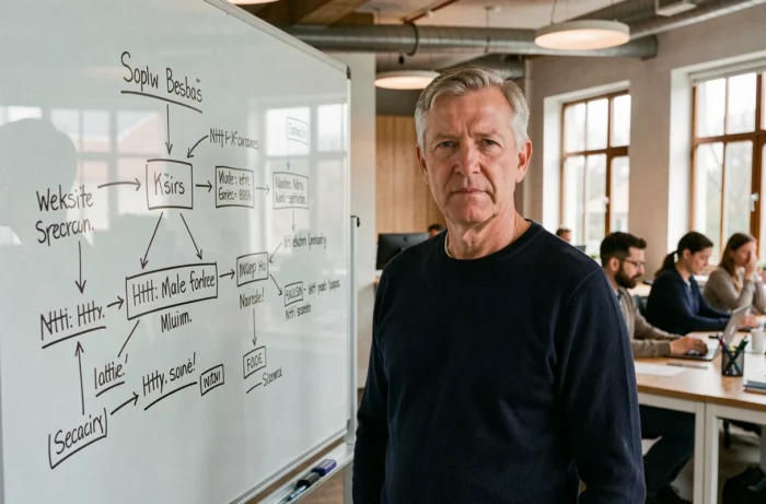 Un homme debout devant un tableau blanc présente l'architecture et la hiérarchie d'un sitemap de site web