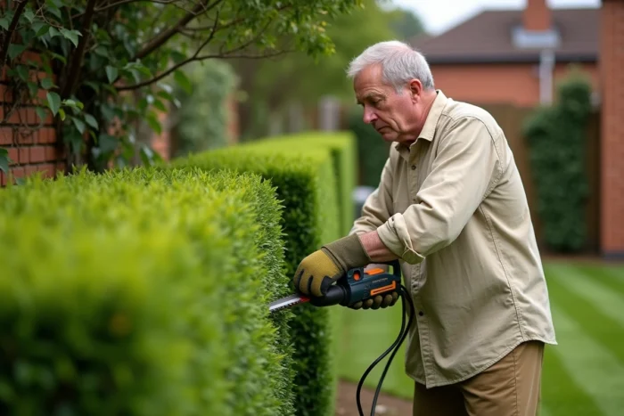 Homme utilisant un taille-haie électrique pour entretenir une haie de buis dans un jardin bien aménagé