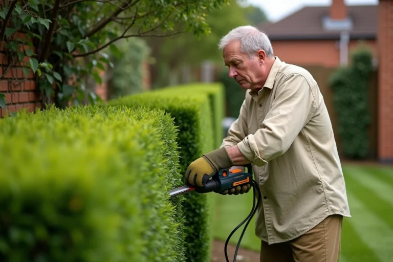 Homme utilisant un taille-haie électrique pour entretenir une haie de buis dans un jardin bien aménagé